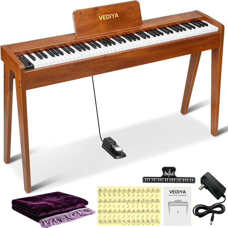 Piano digital 88 teclas teclado semipesado de tamaño completo para principiantes, piano eléctrico con MIDI, pedal, teclado piano 800 tonos, 600 ritmos, parlantes duales, función de grabación (marrón)