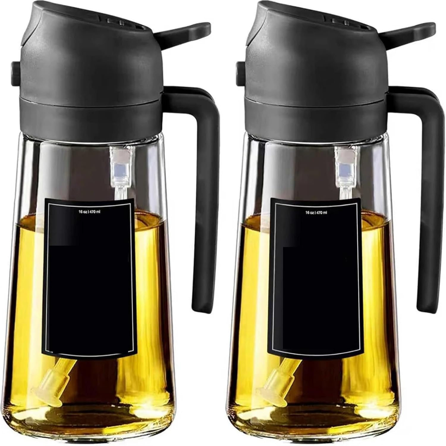 Oil Spray Bottle, Oil Sprayer For Cooking,2in1 Dispenser Bottle For Kitchen,16oz/470ml Glass,Food-grade Mister,for Salad Making, Baking(2pcs Black)