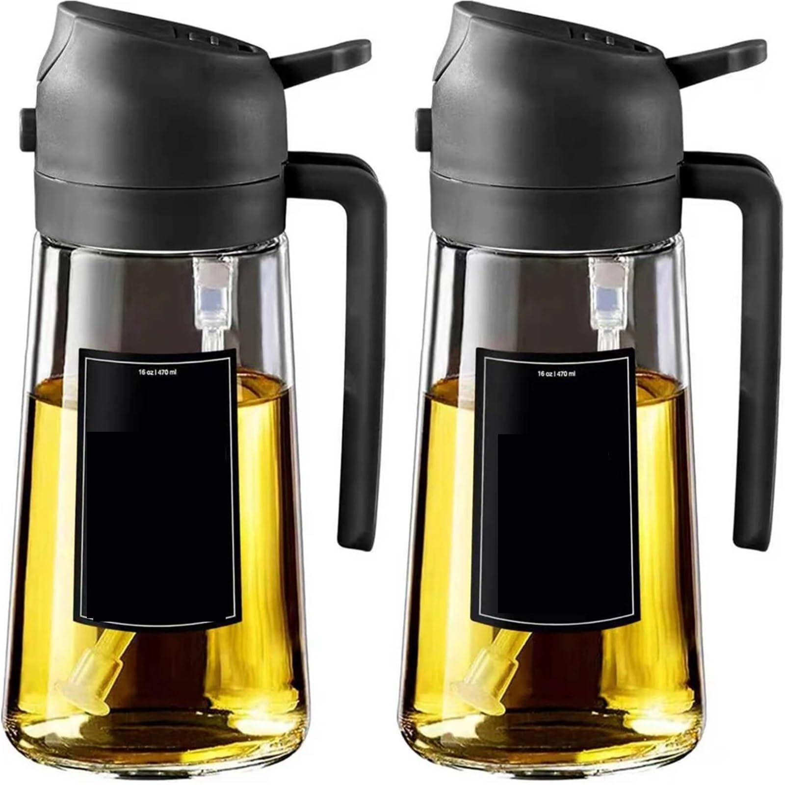 NGTFDCP Oil Dispenser, Oil Sprayer For Cooking,2in1 Dispenser Bottle For Kitchen,16oz/470ml Glass,Food-grade Mister for Air Fryer, Salad(2pcs Black)