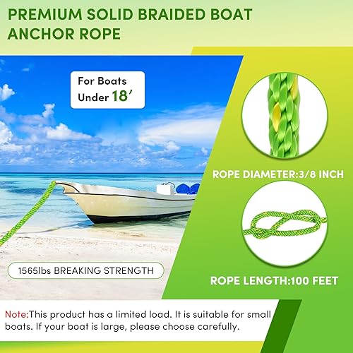 Vista 127 de Cuerda de anclaje premium de 100 pies x 3/8 pulgadas, cuerda marina de línea de anclaje MFP trenzada sólida con dedal y grillete, color negro