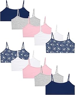 Rene Rofe Girls Training Bras - 10 Pack Soft Stretch Cotton Bra, Cami Style Girls Underwear with Adjustable Straps (7-14)