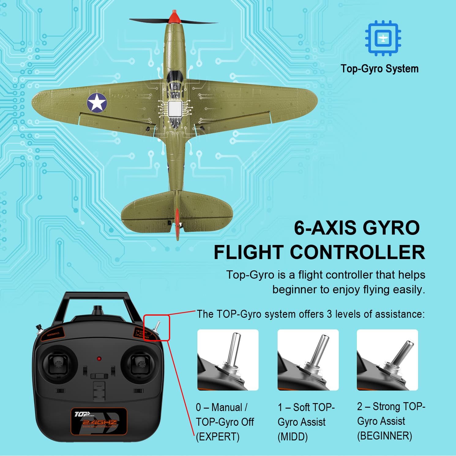 Remote Control Airplane RTF 4 Channel RC Plane 402MM Wingspan Micro Scaled Warbird with One Key Aerobatic One Key U-Turn and Gyro Stabilization System (P39)