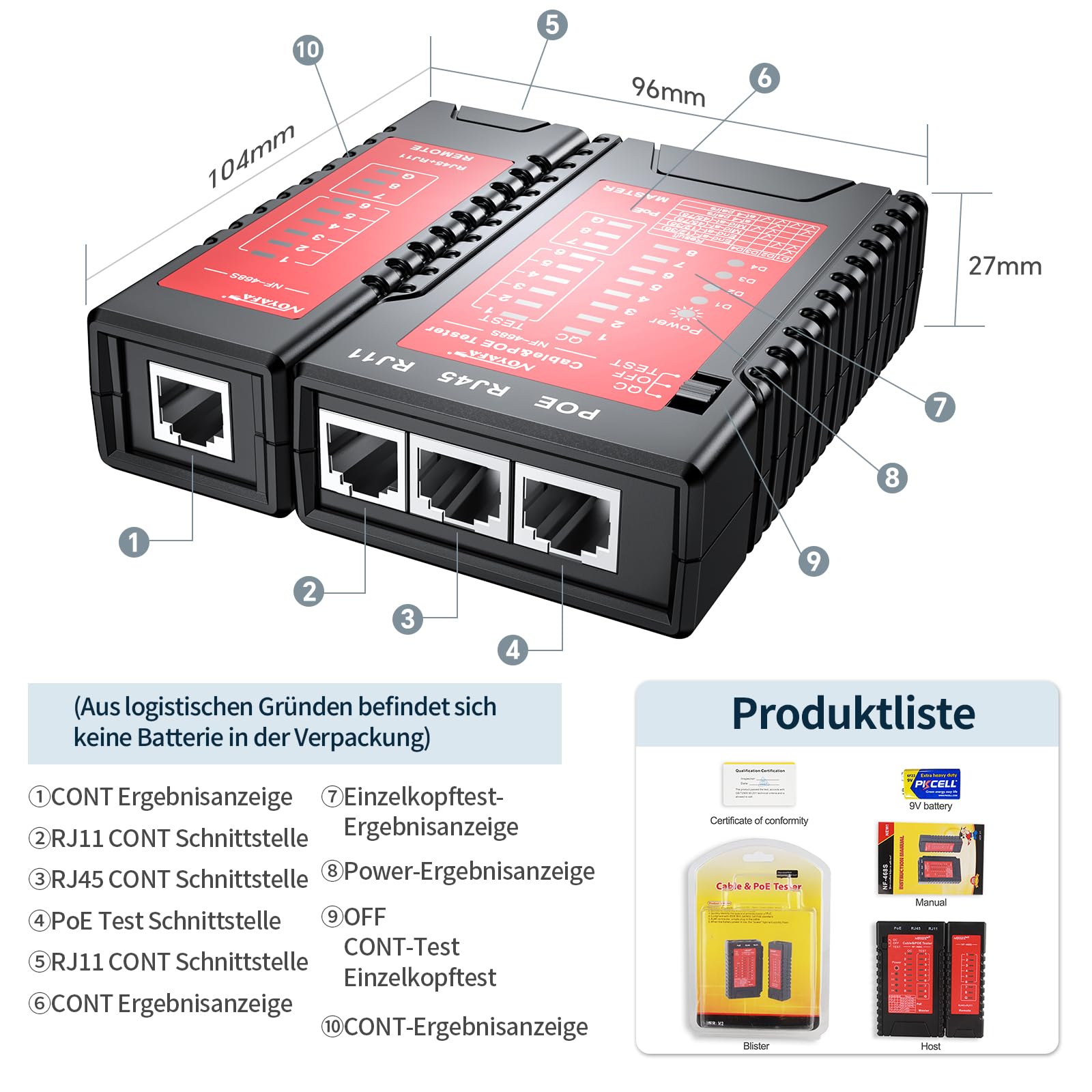 NOYAFA Netzwerkkabeltester, Erweiterte Kabel Tester für RJ11, RJ12, RJ45, CAT5, CAT6, CAT7, STP/UTP-Kabelprüfer, Kabelmapper, PoE-Tester, Durchgangsprüfung, Telefonleitung Cat3, LAN-Netzwerk tool
