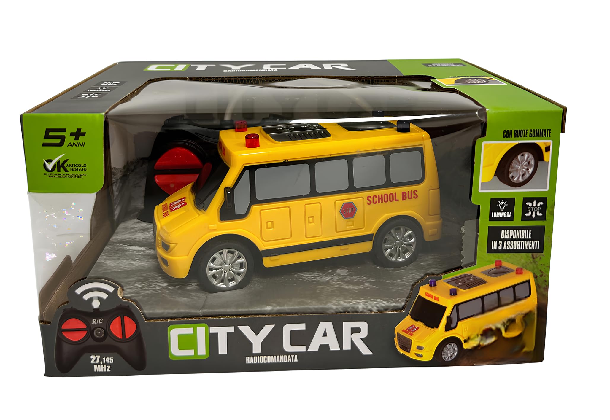 Coche teledirigido para niños City Car Mini Vehículos 13,5 cm Coche teledirigido con luces y ruedas de goma Rc Ambulancia Telecomdata Pullman Bus Radiocontrolado Pulmín con mando a distancia (SCHOOL