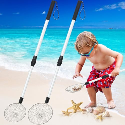 Paquete de 2 cucharas de arena de playa de 29.5 pulgadas para tamiz de dientes de tiburón de playa, pala de arena y herramienta de tamiz para playa