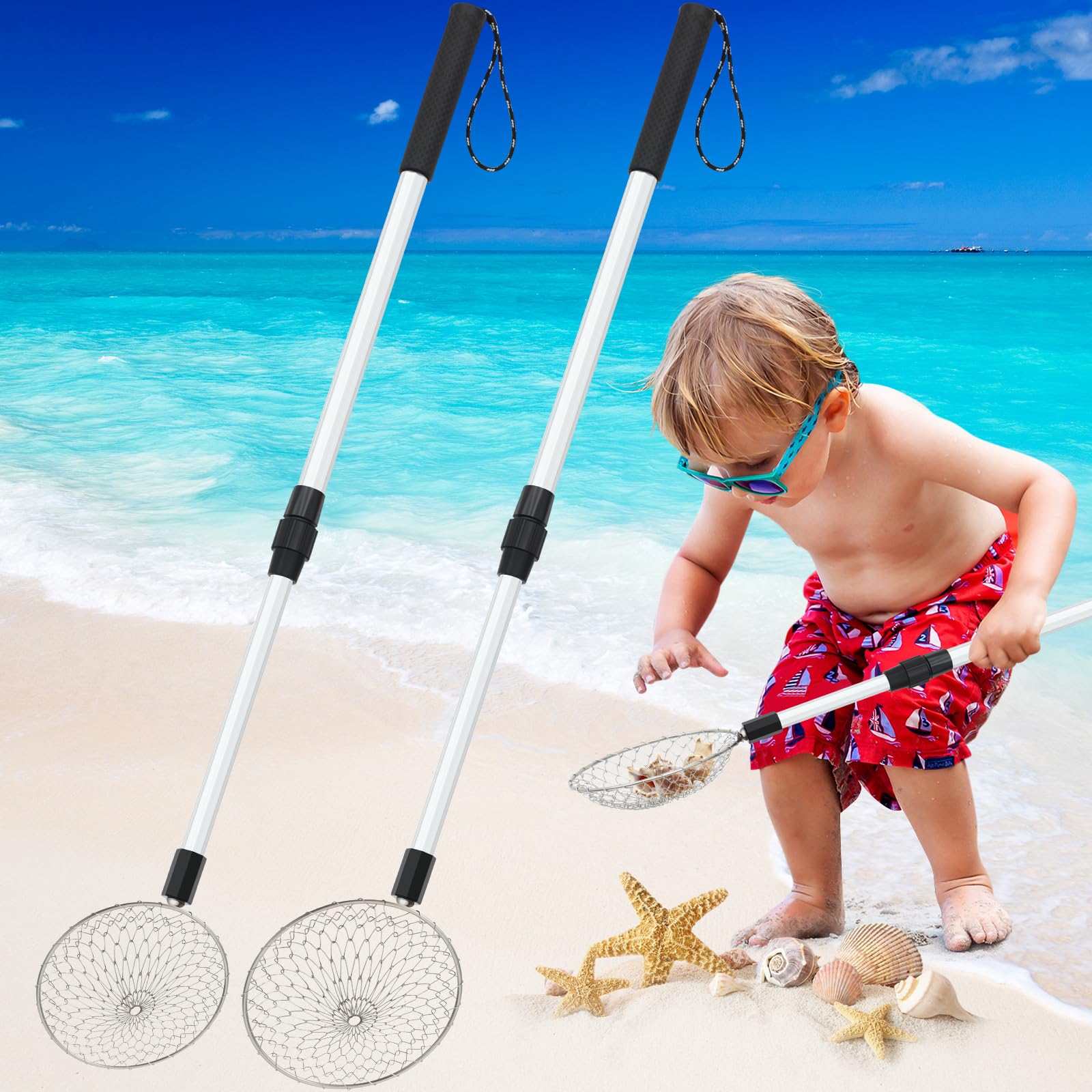 Roshtia 2 Pack Beach Scoop Shovel and Sifter Tool Sand Sifter Sea Glass Shell Shark Tooth Sifter Sand Scoop Shell Scooper for Beach Adjustable Long Handle Cat Litter Shovel Scoop
