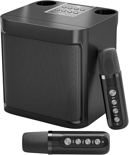 Vista 27 de Mini máquina de karaoke para niños y adultos, altavoz portátil de karaoke Bluetooth con 2 micrófonos inalámbricos para fiestas en casa, grandes