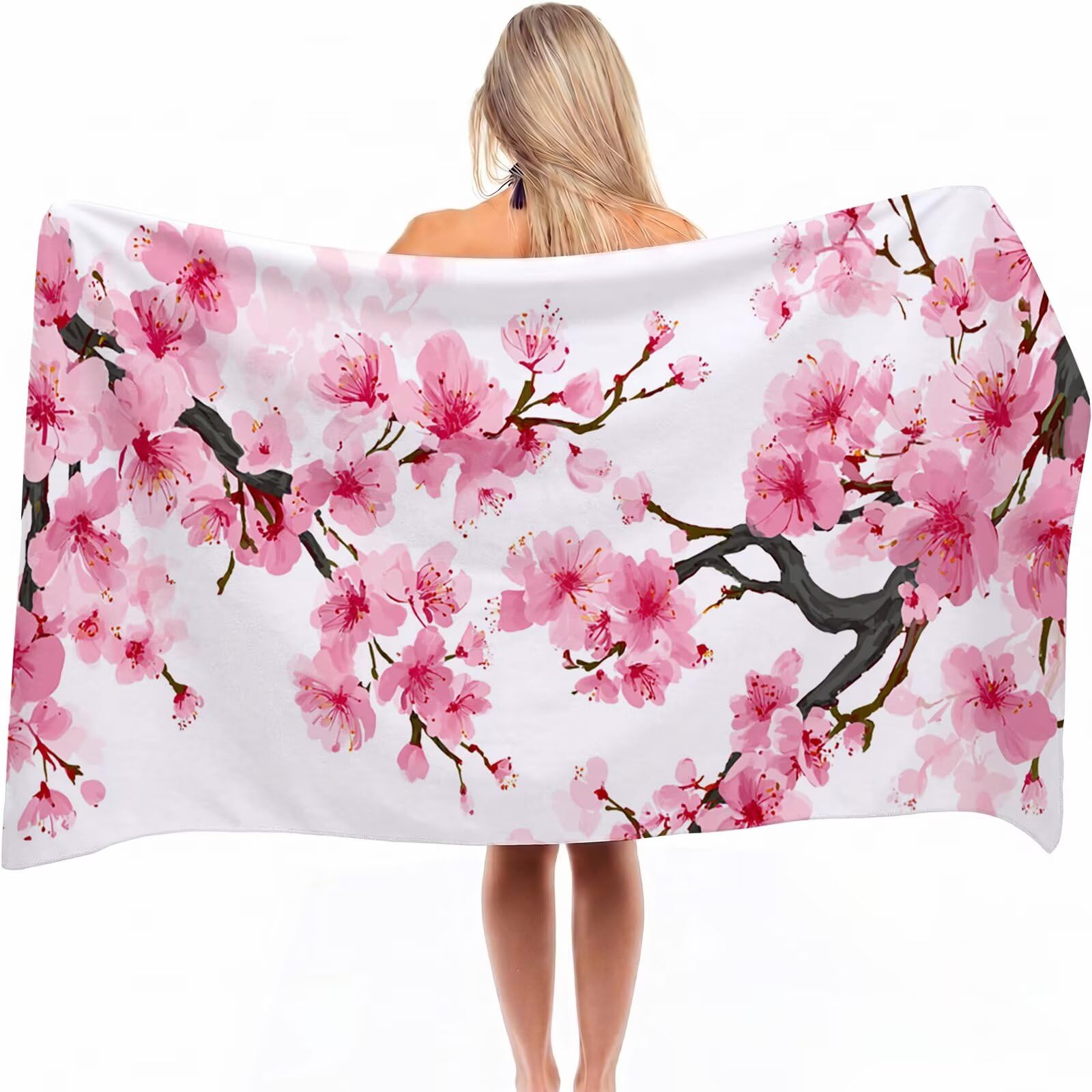 Serviette de plage microfibre 220x100 cm grand drap de piscine à motif fleurs de pêcher