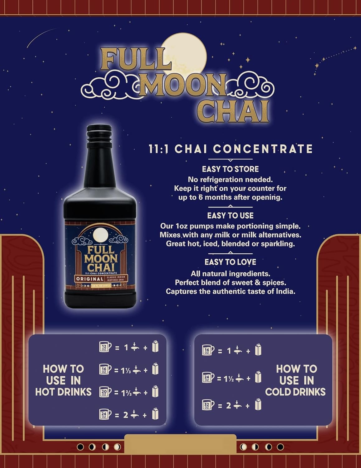 Maya Tea Full Moon Chai Concentrate, Original Classic Indian Inspired, Organic Cane Sugar, Natural Flavors, 64 Fl Oz, Pack of 4 with 1 Pump