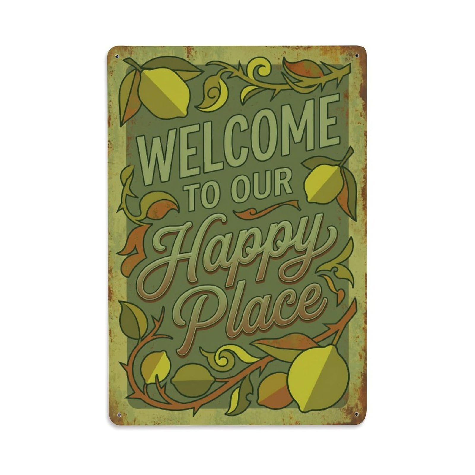 Welcome To Our Happy Place Desert Lime Orchard Metal Tin Sign Plaque Wall Decor for Cafe, Club Bar, Office, Home Garden Metal Poster 8x12Inch