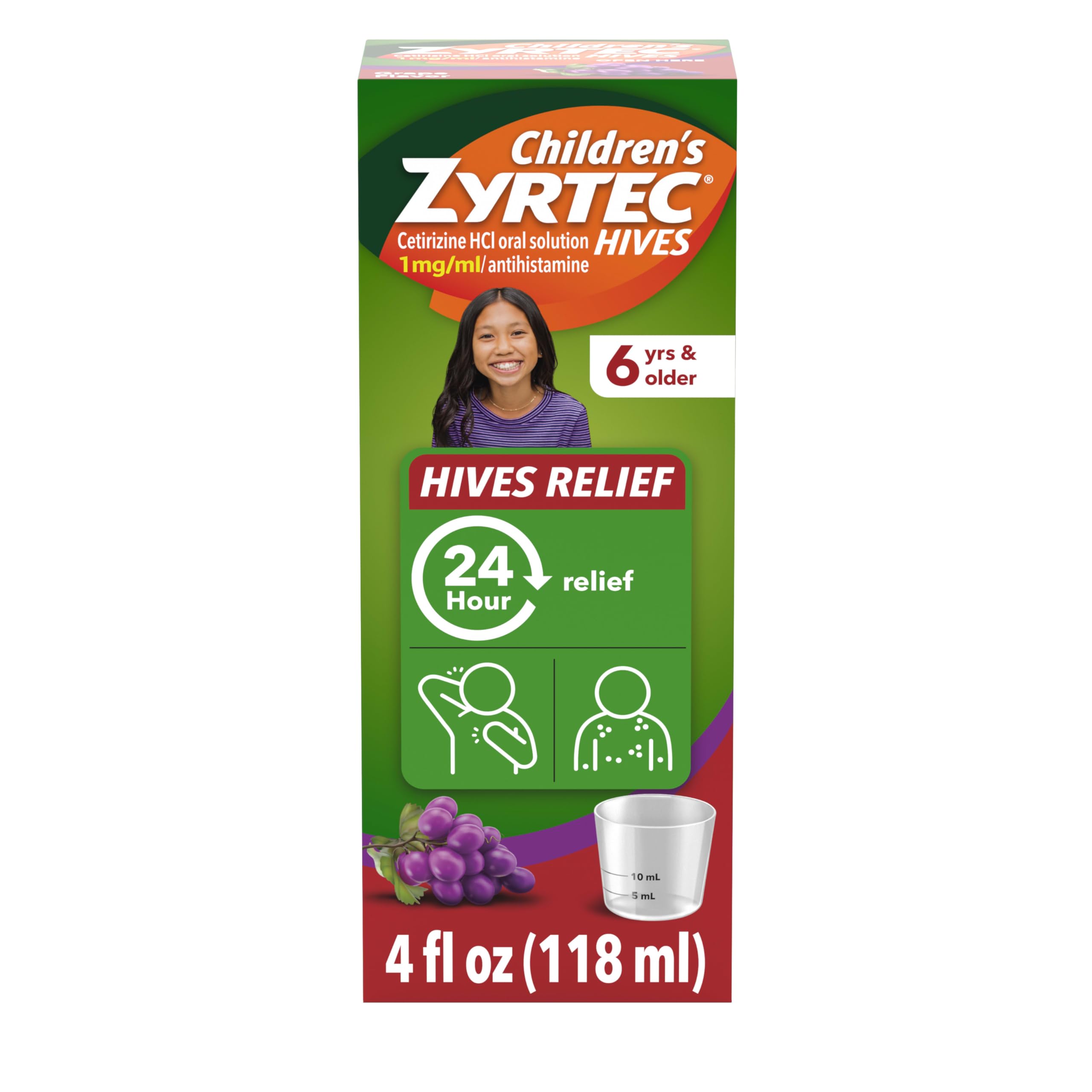 Zyrtec Children’s 24-Hour Hives Relief Medicine, Cetirizine HCl Antihistamine Oral Solution, Grape Flavor, 5 mg/5 mL, Dye-Free, Sugar-Free, Itch & Hive Reducer for Kids, 4 fl oz Bottle