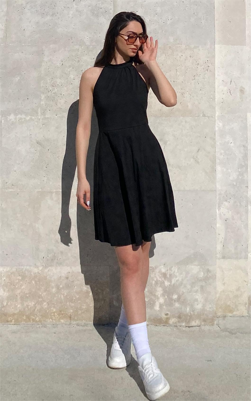 OUGES Robe D'éTé Ladies Knee Length Halterneck Dress Summer Floral Pattern Elegant Cocktail Dress