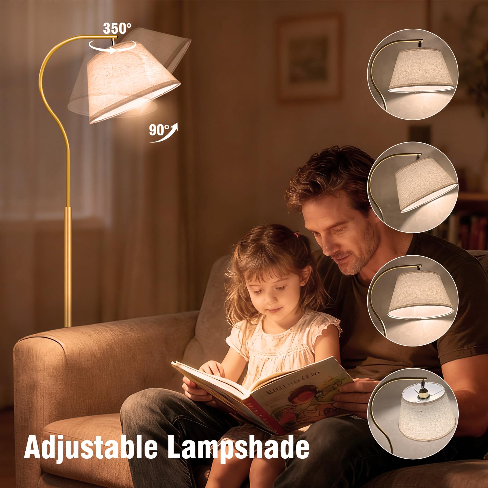 BBHome Lampada da terra per Soggiorno, Lampada ad Arco con Paralume, Piantana Lampada con Lampadina LED da 9 W, Lampada da terra Moderna E27 da 170 cm per Salotto, Camera da letto (Oro)