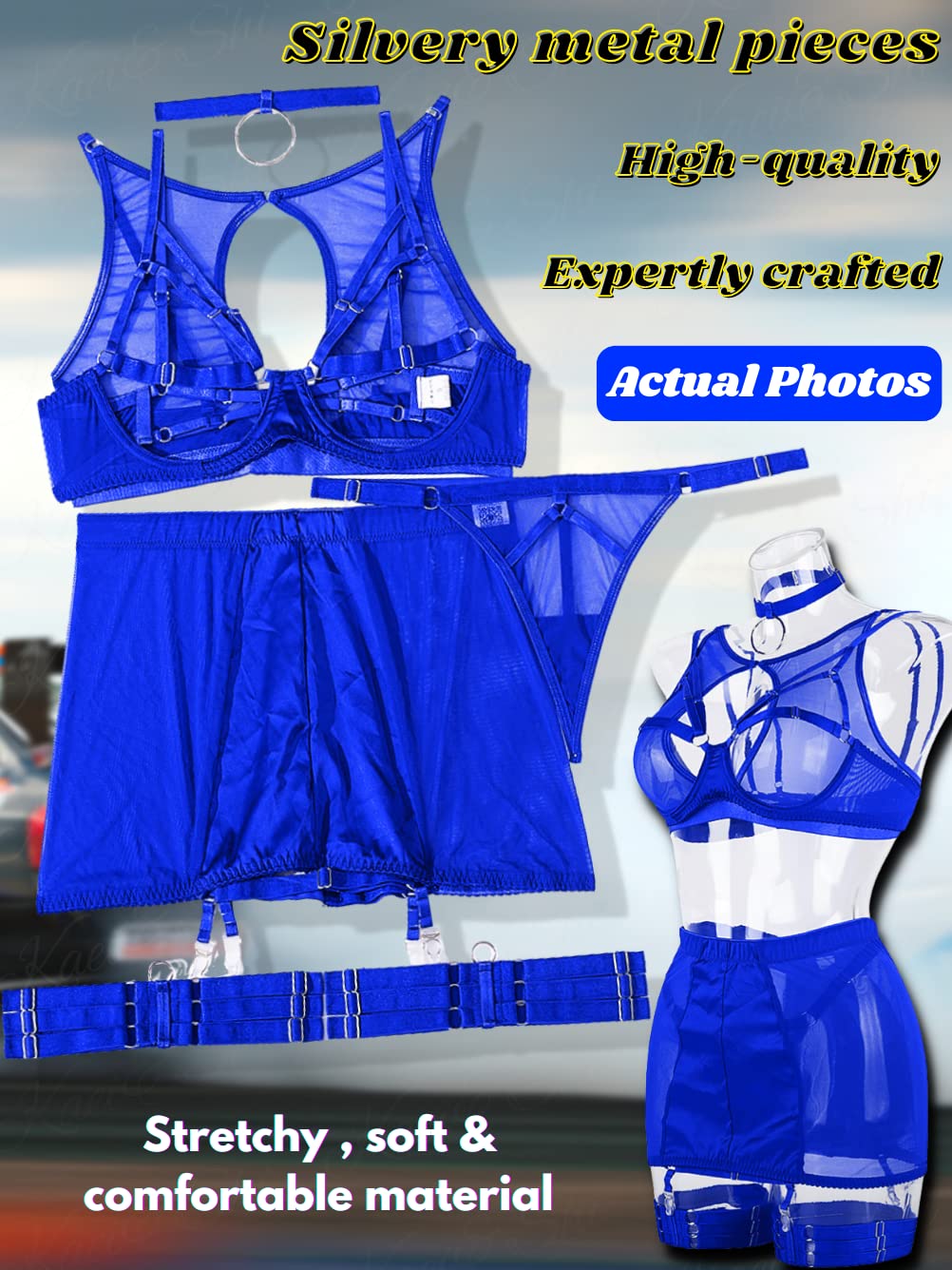 Kaei&Shi Garter Lingerie for Women, Strappy High Waisted Skirt G String 4 Piece Sexy Exotic Lingerie Outfits Set Boudoir: Royal Blue 16