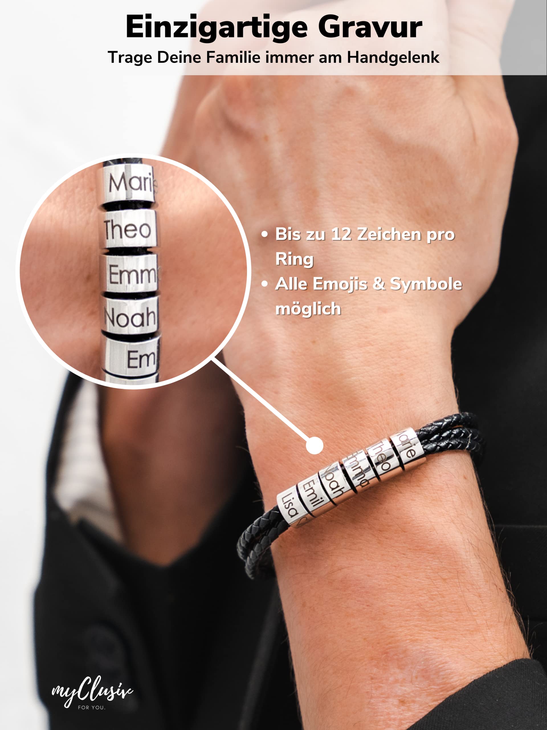 Personalisiertes Lederarmband Herren mit Namen auf Silbernen Ringen - Armband mit Gravur - Geschenk für Männer - Männerarmband - Geschenk Papa