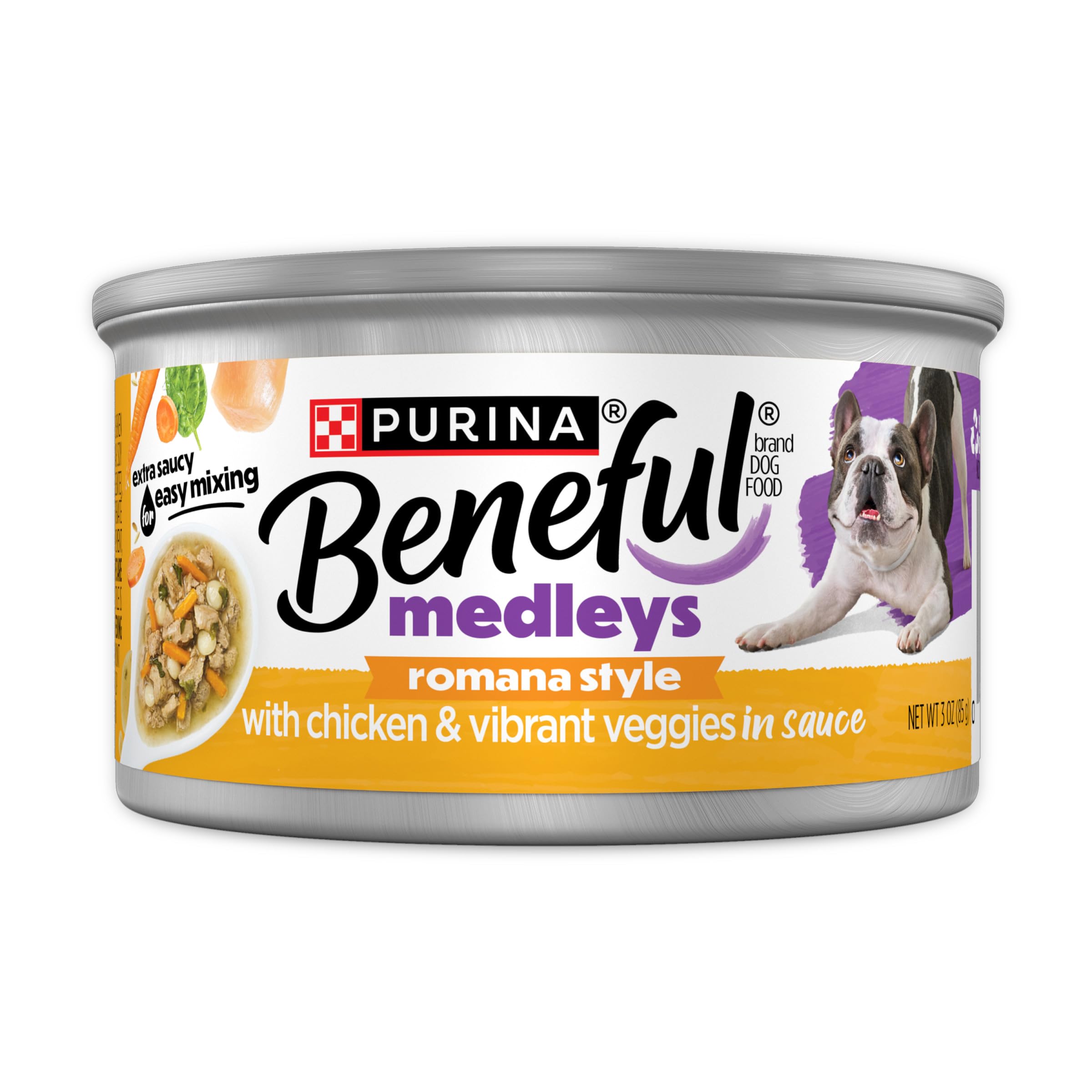 Purina Beneful Medleys Romana Style Wet Dog Food with Real Chicken, Carrots, Pasta, and Spinach in Dog Gravy - (Pack of 12) 3 oz. Cans