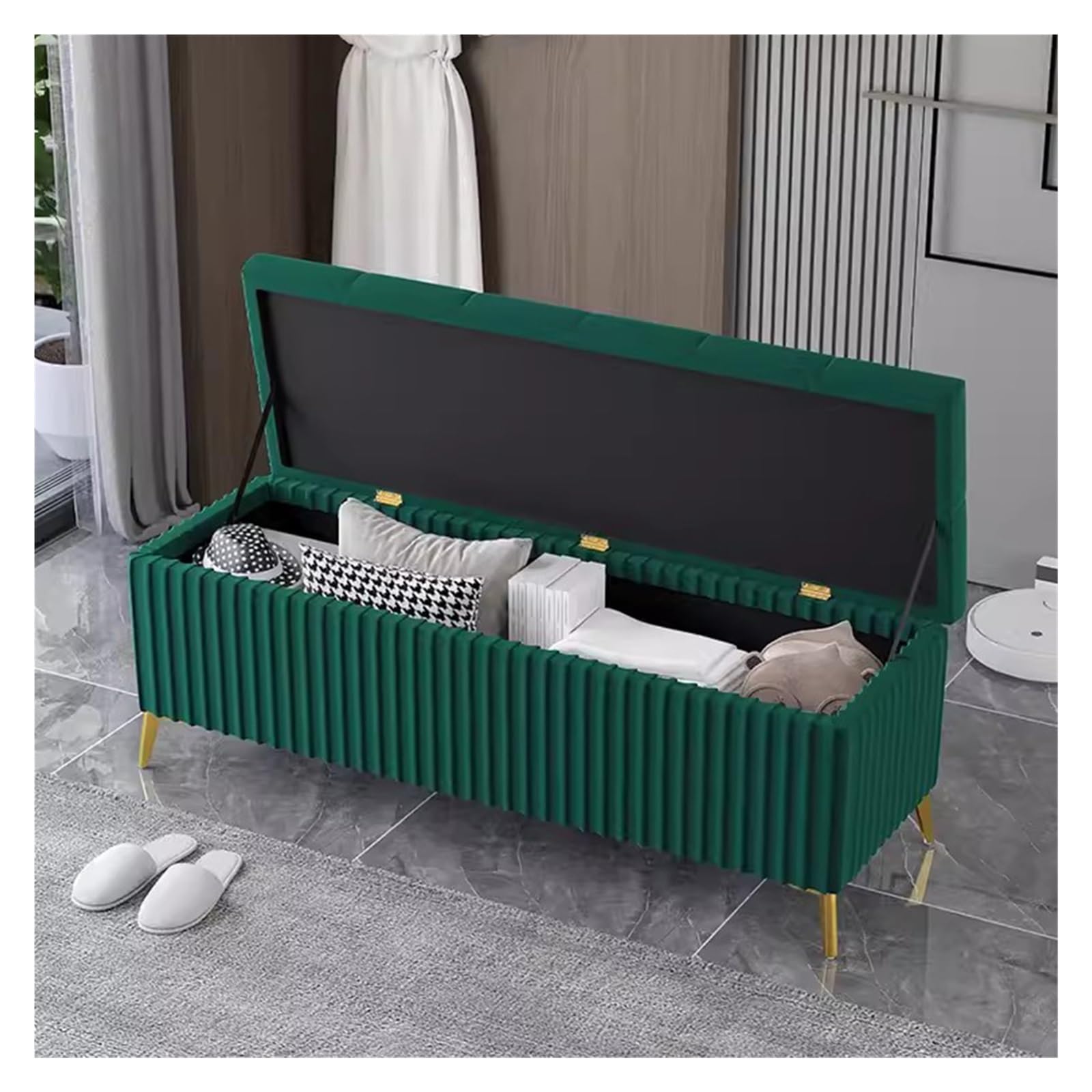 ZHANGshouf Velvet Upholstered Storage Ottoman Bench with Golden Legs Extra Long Tufted End of Bed Bench for Bedroom or Entryway (Green 100CM)