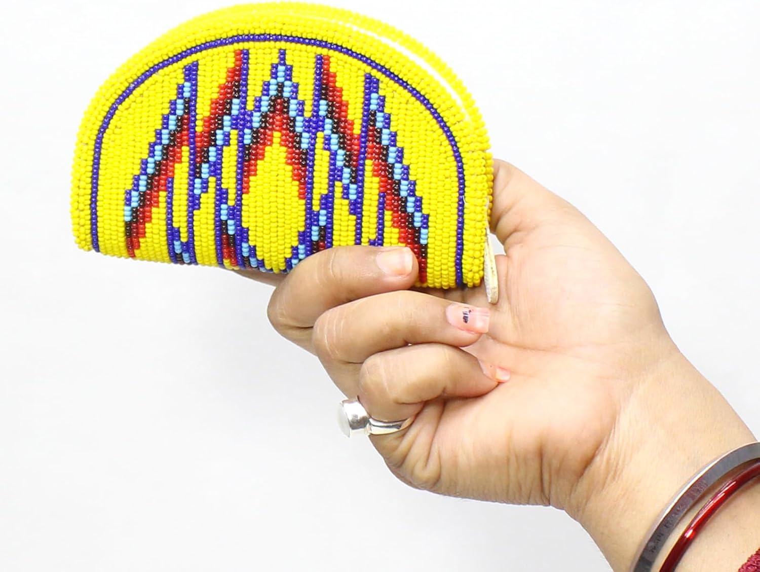Beaded Coin Purse Yellow for Women Small - Handmade Mini Zipper Wallet Native American Style - Czech Seed Beads Leather Pouch Change Purse Cute Vintage Boho Wristlet Travel Compact