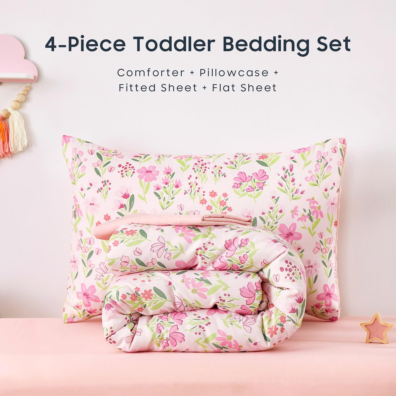 Wake In Cloud - Floral Toddler Bedding Set for Girls, Cute Colorful Botanical Flowers, 4 Pieces Soft Crib Bed Set Including Comforter, Sheets and Pillowcase, Light Pink