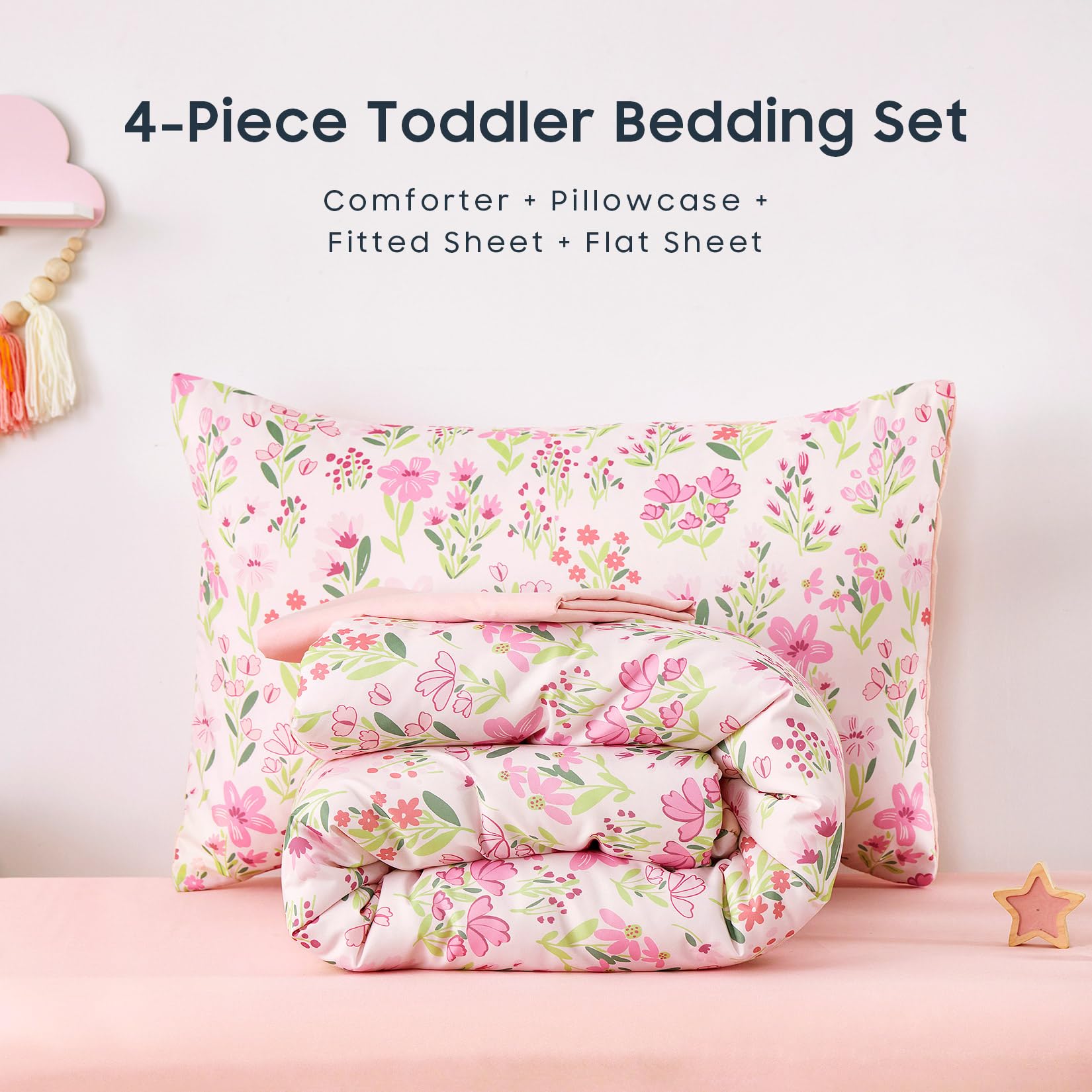 Wake In Cloud - Juego de ropa de cama floral para niñas, bonitas flores botánicas coloridas, juego de cama suave de 4 piezas para cuna que incluye edredón, sábanas y funda de almohada, rosa claro