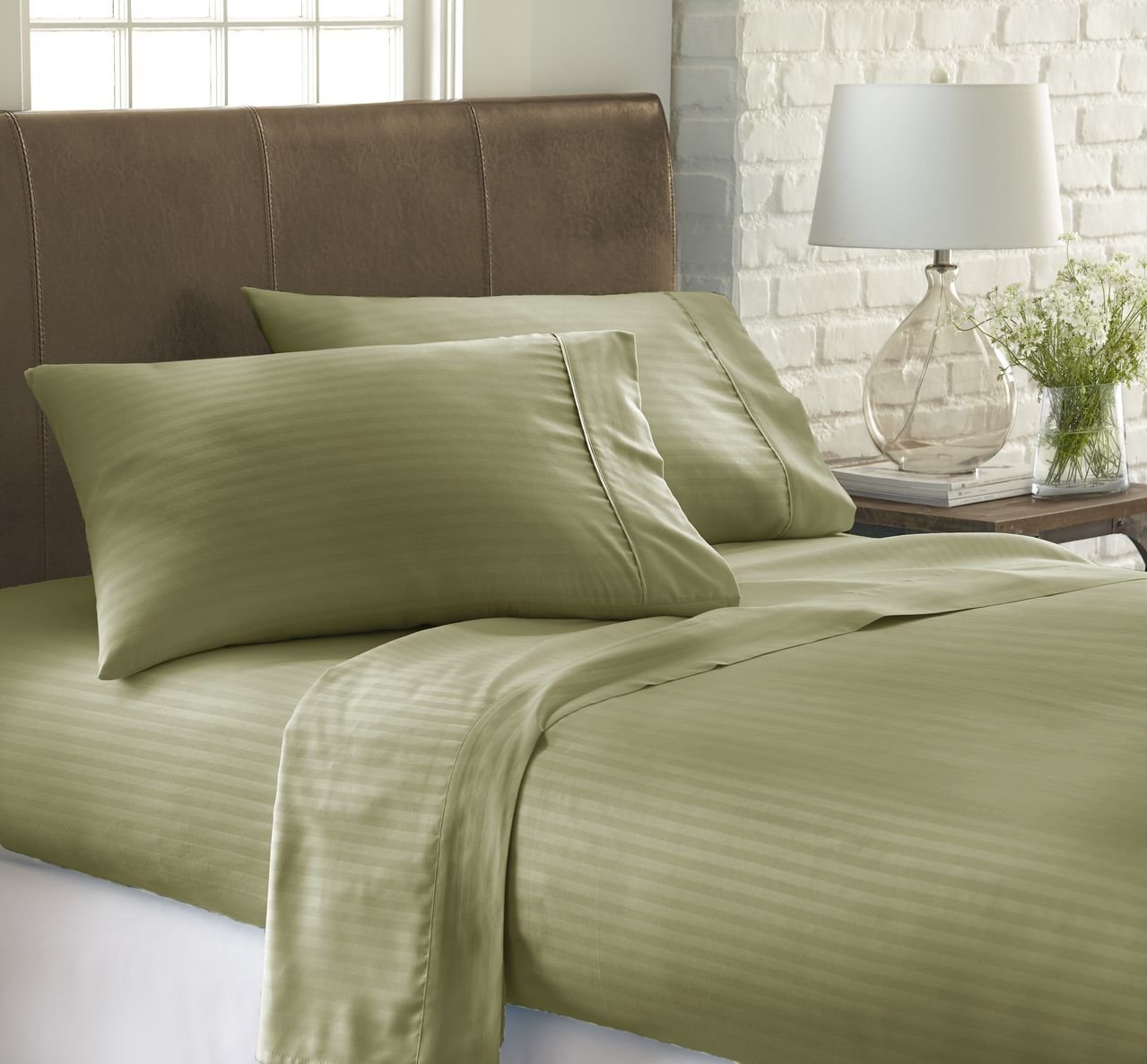 ienjoy Home Dobby 4 Piece Home Collection Premium Embossed Stripe Design Bed Sheet Set, Queen, Sage