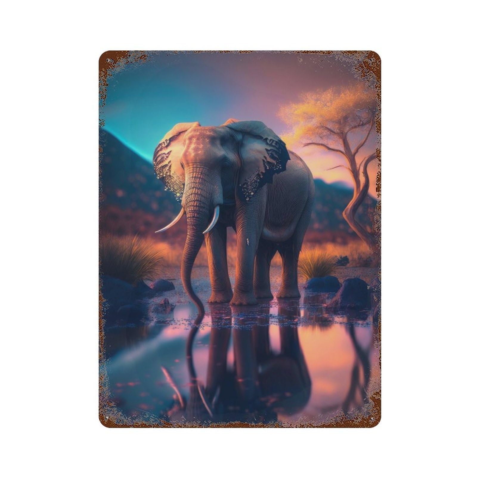 Sunset Elephant Rust Effect Tin Sign 15.7"x11.8", Retro Wall Decor for Patio, Garden Room And Bar Decor