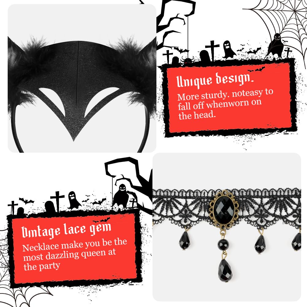AYBUY Witch Costume Accessory - Gothic Horns Black Witch Headband with Retro Lace Necklace for Women's Halloween Cosplay - Image 4
