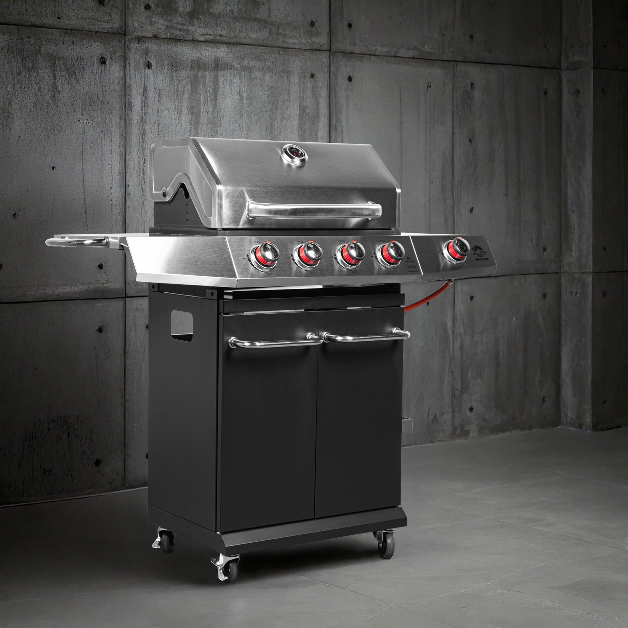 BROWIN® dragON BBQ101 | Grill Gazowy | BBQ | Wielofunkcyjny | Stal nierdzewna | Grill na 4 kółkach | 4 Palniki Główne | Palnik Boczny | 60 x 36,5 cm | 11,7 kW | Czarno-Srebrny