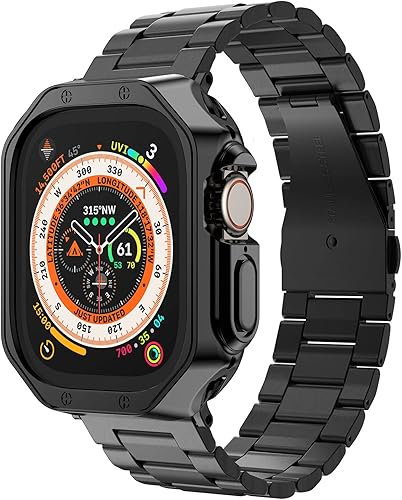 Correa de cadena de acero inoxidable con funda de poliuretano termoplástico compatible con Apple Watch, correa tipo pulsera con eslabones para