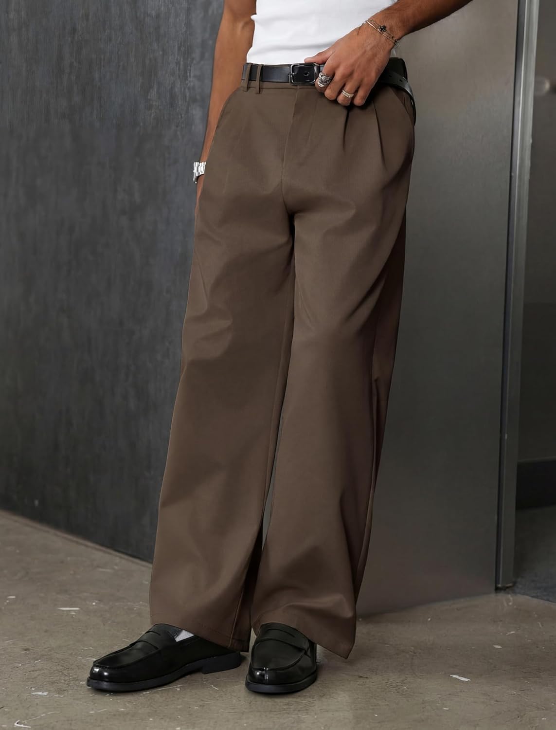 ZAFUL Mens Casual Dress Pants Relaxed Fit Chino Pants Pleated Front Elastic Waist Stretch Pants with Pocket