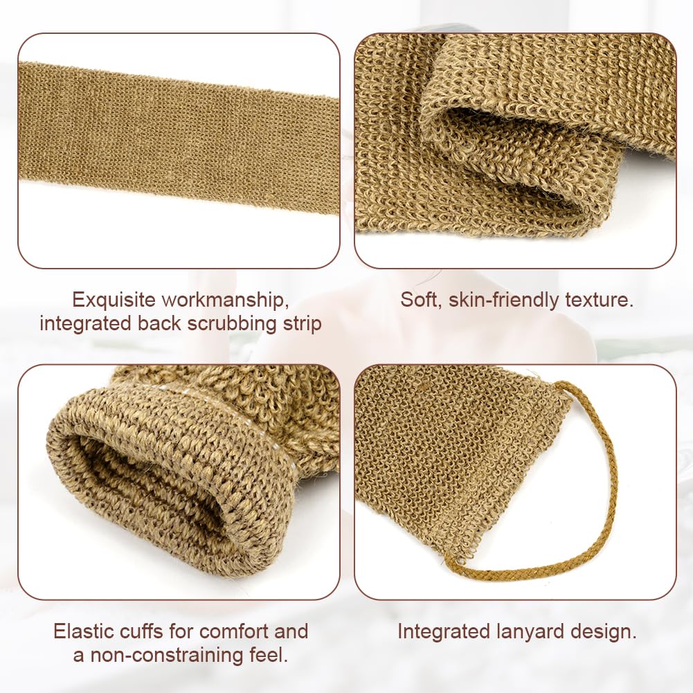 LOPHE Ensemble de Gommage Dorsal en Jute Comprenant Des Gants Exfoliants, Serviette Exfoliante Extra Longue, Sangle Exfoliante Naturelle pour le Dos, Gants de Bain pour Hommes et Femmes