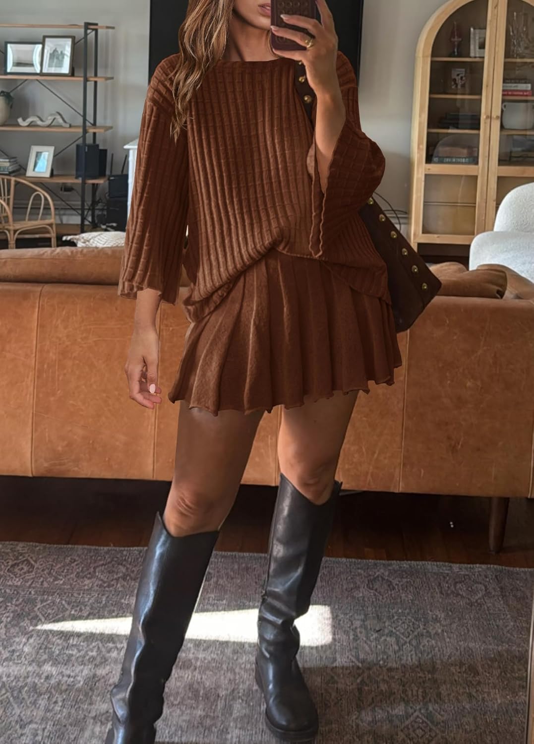 Yanekop Womens 2 Piece Sweater Skirt Set Loose Matching Lounge Sets Comfy Pajamas Set Long Sleeve Top and Skirt Sets - Image 6