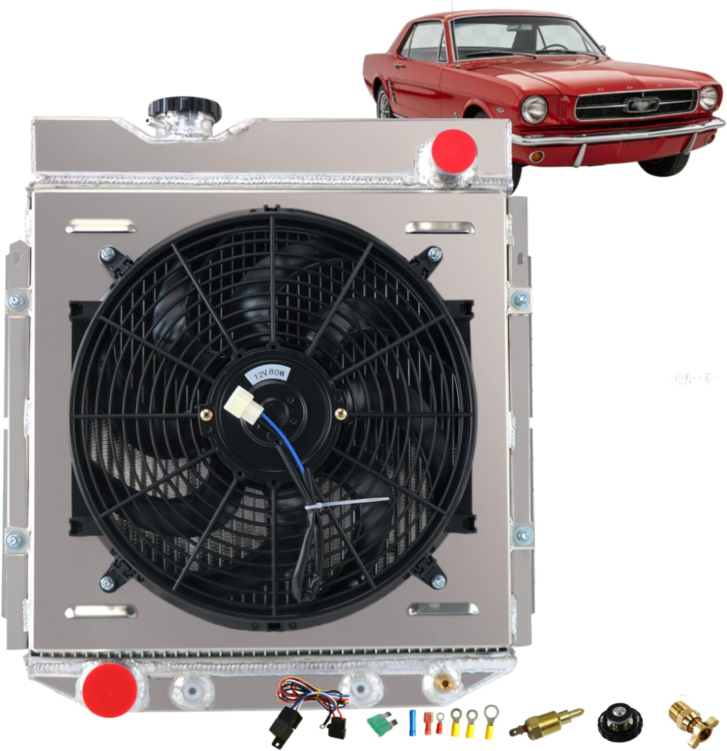 ReadyCool 3 Row Aluminum Radiator Shroud Fan for 1960-1966 Ford Ranchero Mustang | 1960-1965 Falcon Mercury Comet 5.0L V8 Engine Swap
