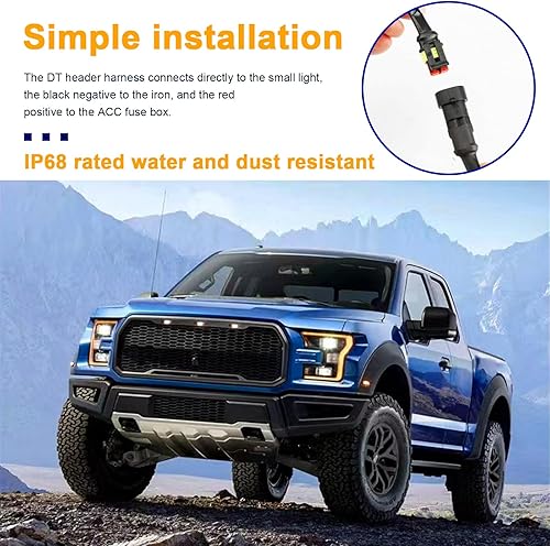 Miniatura 5 de Dickno 3 luces de parrilla para automóvil, luces LED ámbar brillante con arnés de cableado, lámparas de parrilla frontal impermeables, lámparas de