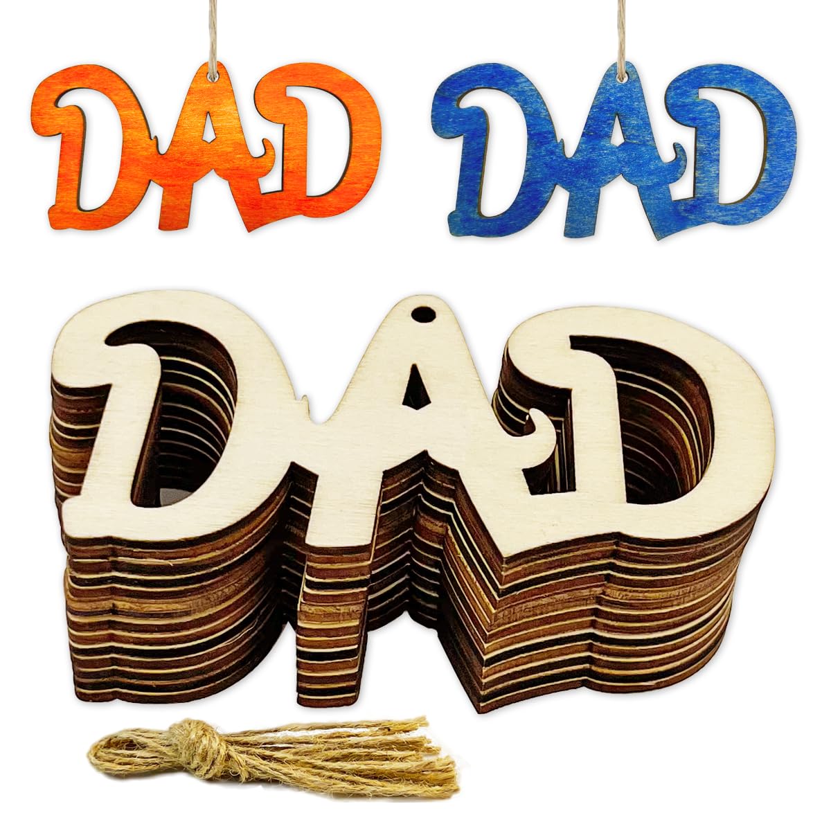 30Pcs 4 inch Father's Day Wood Crafts DAD Wood Crafts DIY Cutout Wooden Slices Embellishments Gift Unfinished Wood Ornaments for Happy Father's Day Daddy's Birthday Party Decorations