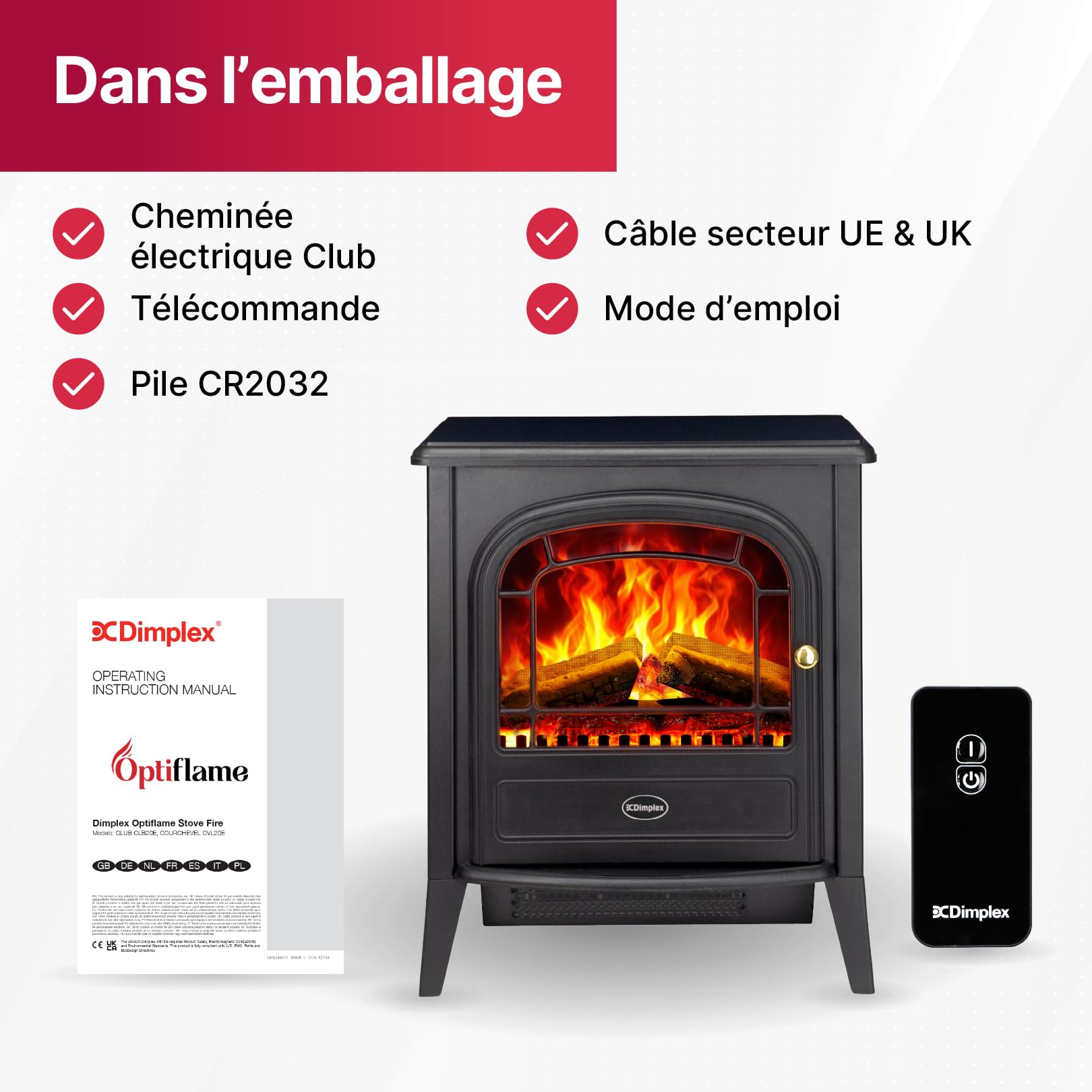 Dimplex Club Cheminée Électrique Autoportant Cheminee Electrique Effet Flamme LED Optiflame avec Lit de Bûches Chauffage 2 KW Activable Télécommande Incluse