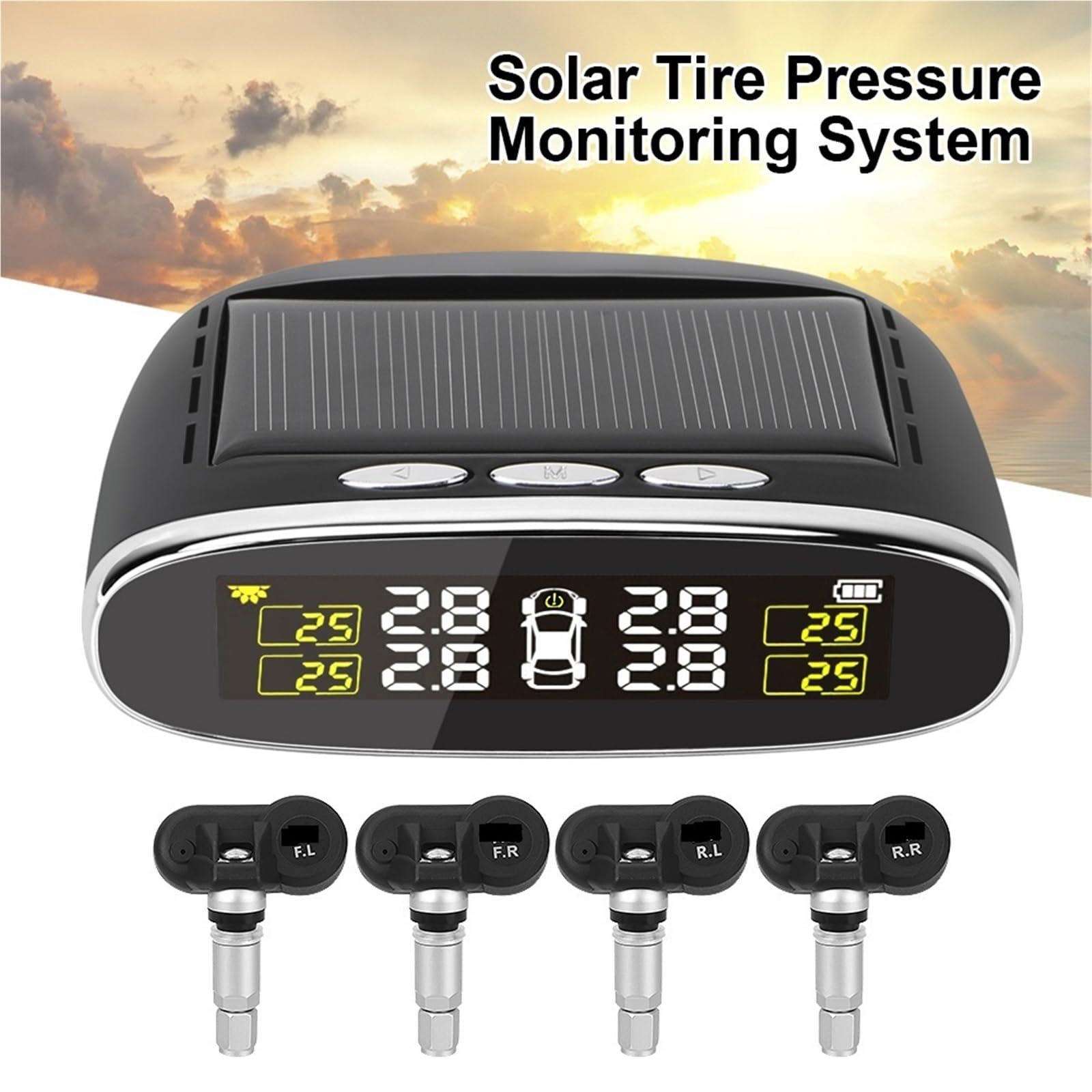 Allarme per Auto di Sensori Sistema di Monitoraggio della Pressione dei Pneumatici per Auto | Avviso di temperatura con 4 sensori interni/esterni Energia solare TPMS