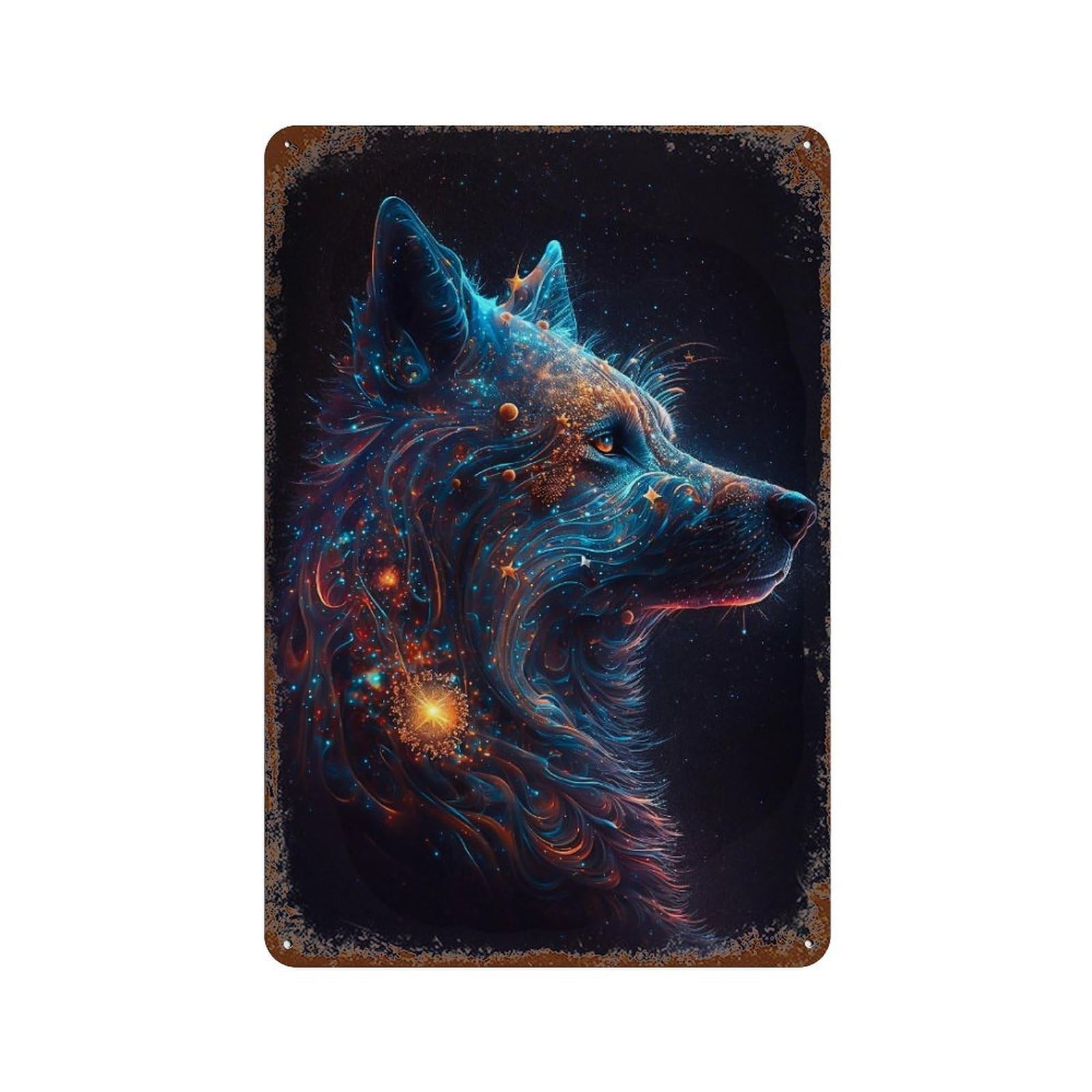 Cosmic Wolf Portrait 11.8"x7.9" Vintage Rust Metal Sign, Classic Wall Plaque for Pub, Kitchen And Man Cave Decor