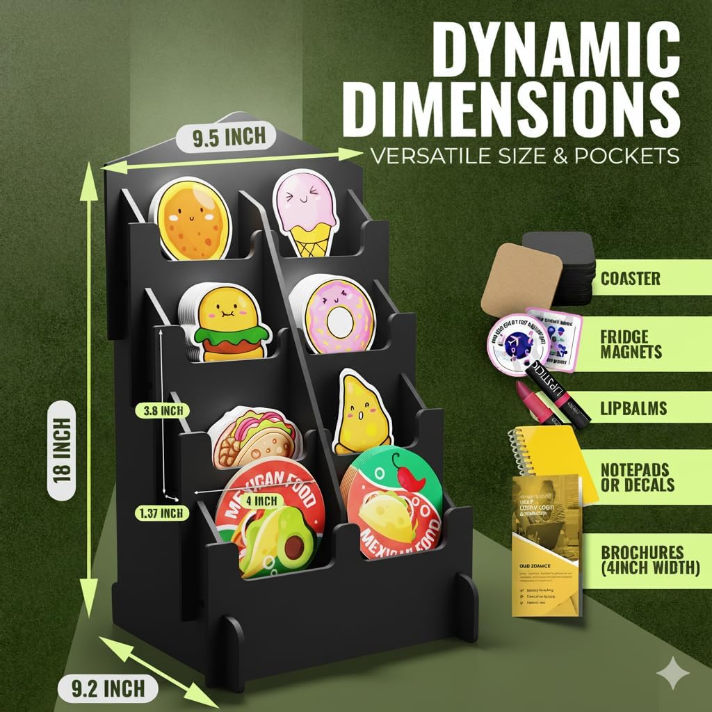 HOTCAN Sticker Display Stand with Curved Pockets for Big 4'' Stickers- Brochure Holder with Customizable Space - On the Go Display Stands for Vendor Events - Ideal for Small Business Vendors (Black, Small)