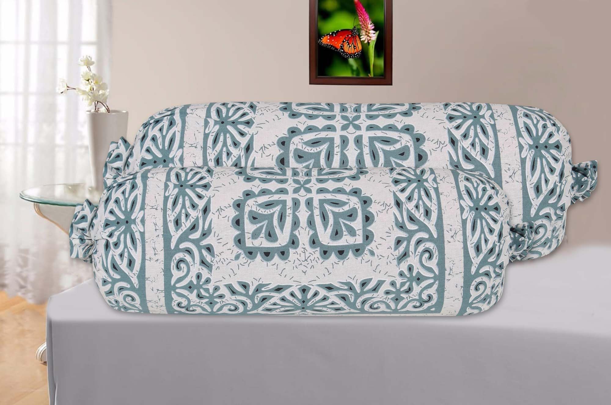 AMLEXTTRIZ Cutwork Print Bolster Cover 100% Cotton Set of 2 | Round Decorative Pillow Cover for Diwan | Bed Side Long Pillow Case | | Masand Pillowcases (16x32 Inch) (Blue)