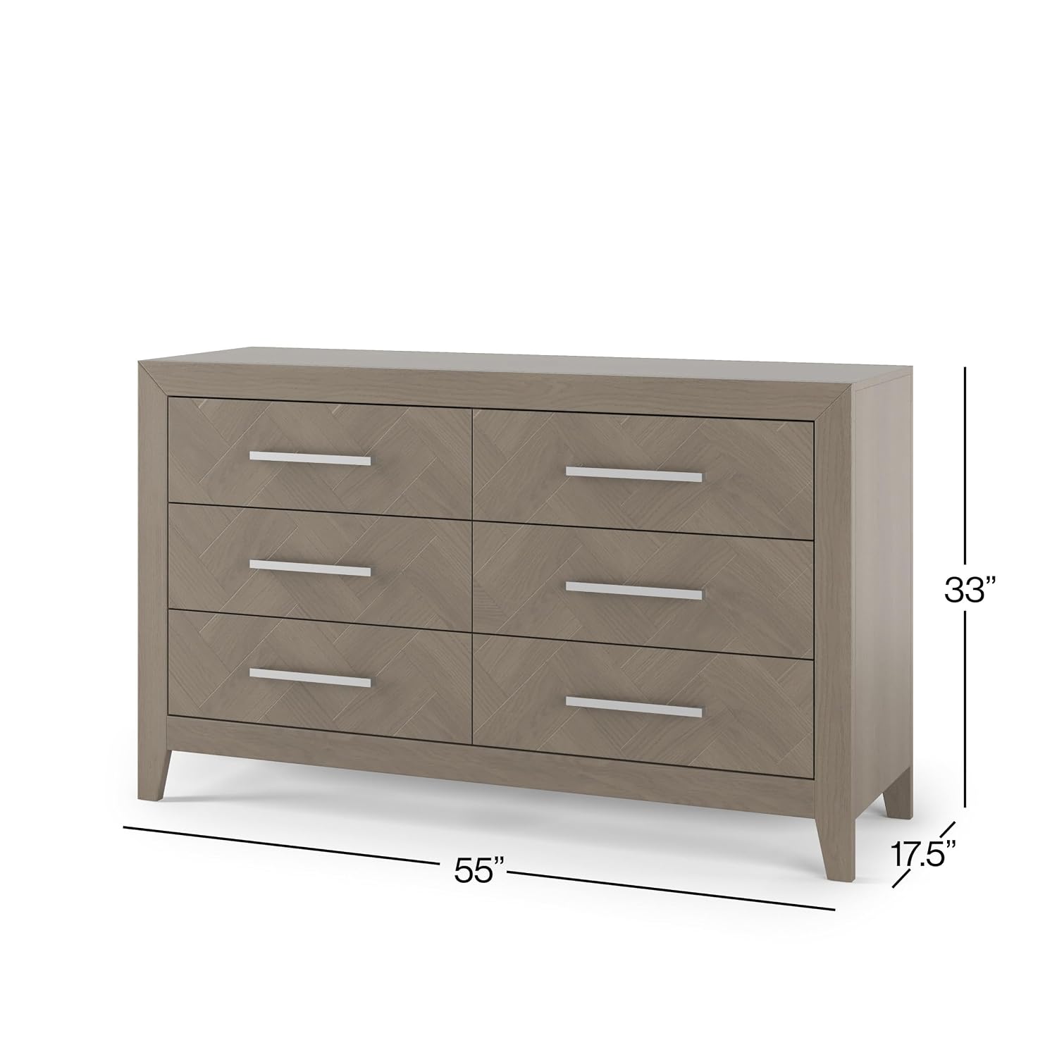 Child Craft Kieran 6-Drawer Double Dresser, 55" W Transitional Modern Nursery Dresser with Herringbone Fronts, Metal Pulls, Crescent Gray