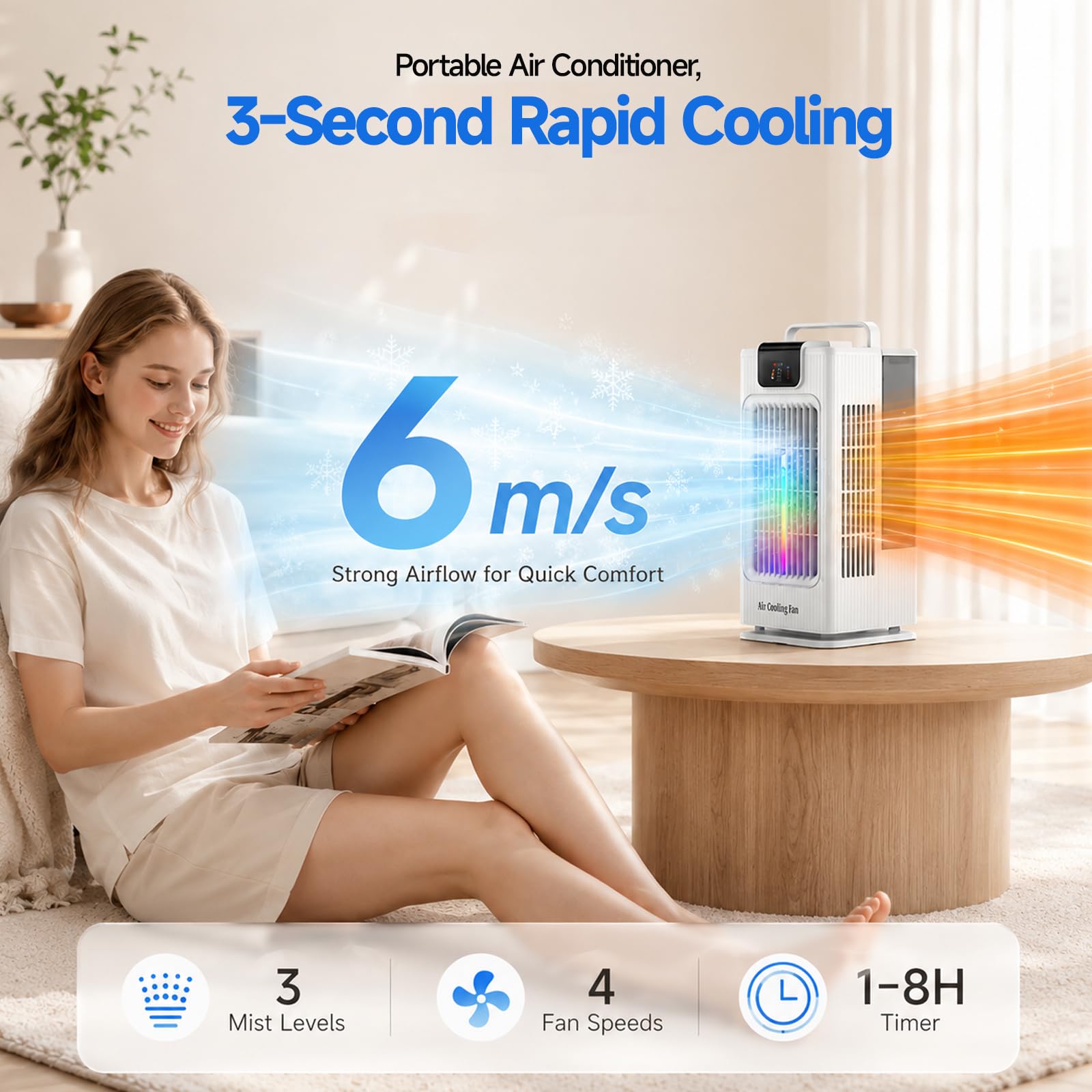 Refroidisseur d'air évaporatif 4-en-1,2L Ventilateur Rafraîchissant Portable avec Télécommande,Oscillation 120°,4 Vitesses 3 Brumisation,Minuterie 1-8H,pour Chambre Bureau Maison (Blanc, 2L)