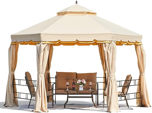 Erommy Cenador hexagonal de 12 pies para exteriores, doble techo, pabellón de marco de acero con red y cortinas de sombra para jardín, patio, toldo