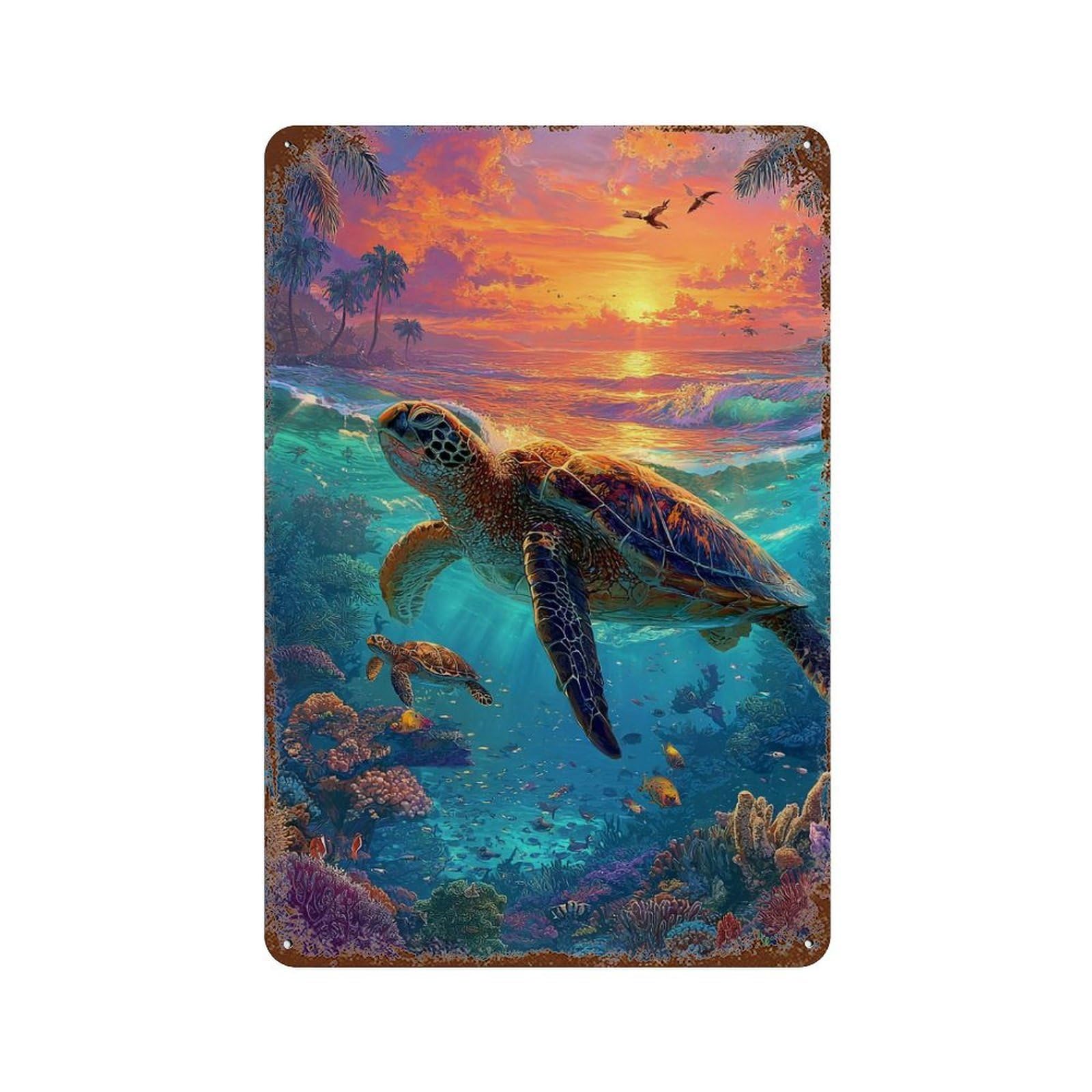Rust Effect Tropical Coral Reef Sunset Rustic Tin Plaque 11.8"x7.9", Old School Wall Decor for Shed, Workshop And Garage Wall Decor