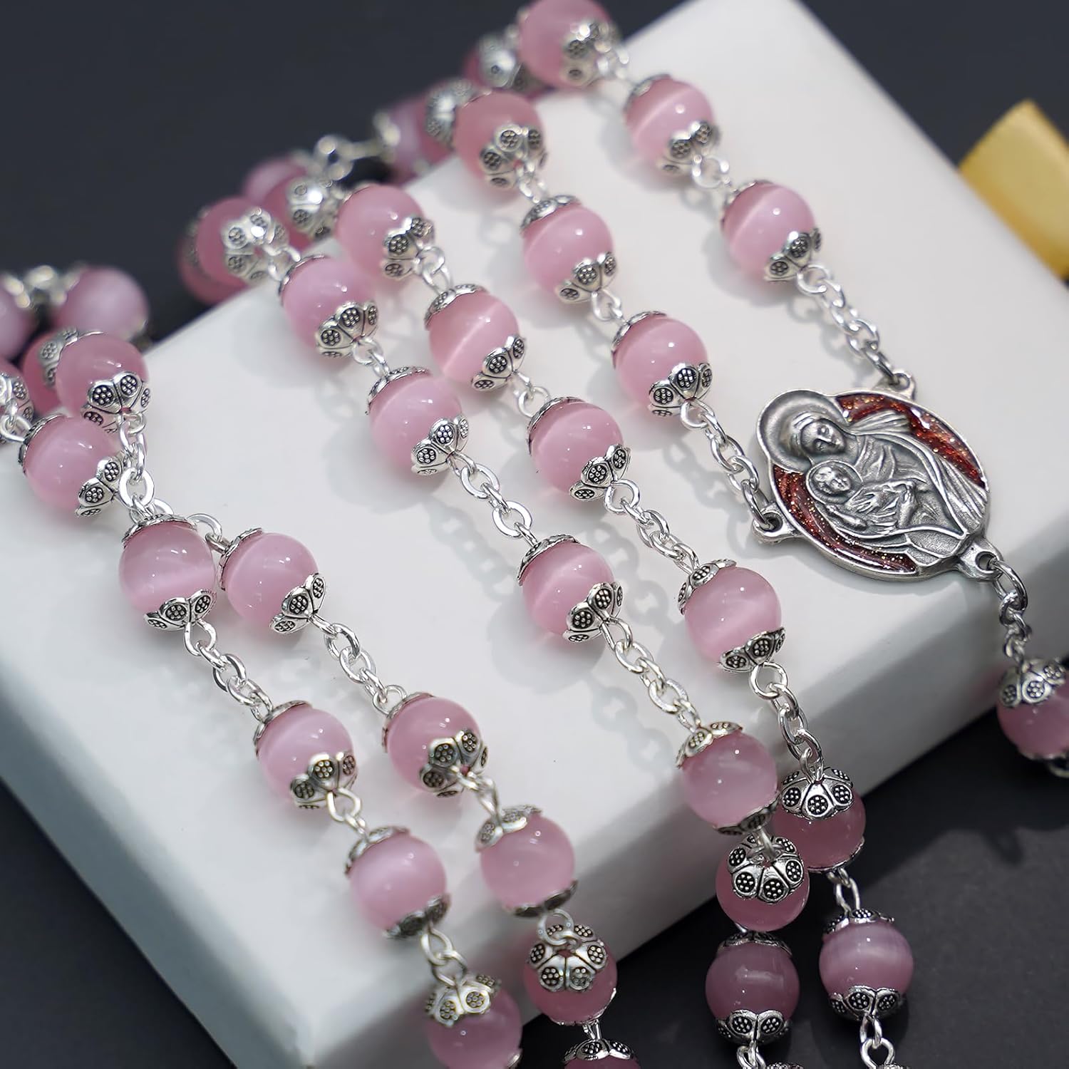 Rosary Beads Catholic for Woman - Italy 8-9mm AAA+ Natural Pink Cat Eyes Gemstone Rosary Beads. - Image 4