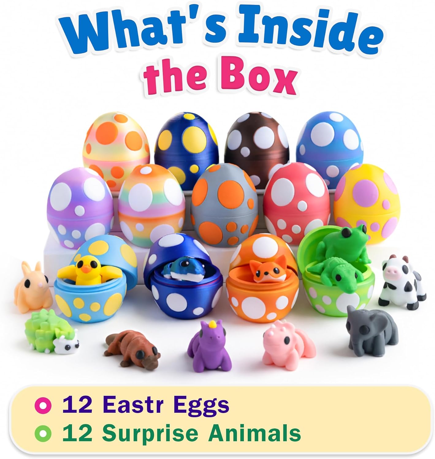 Prefilled 3D Printed Animals Easter Eggs - 12Pcs Prefilled Easter Eggs with Toys - Pre Filled Mini 3D Printed Animals Easter Eggs - Wigglitz 3D Fidget Toys Animals Assorted for Boys Girls