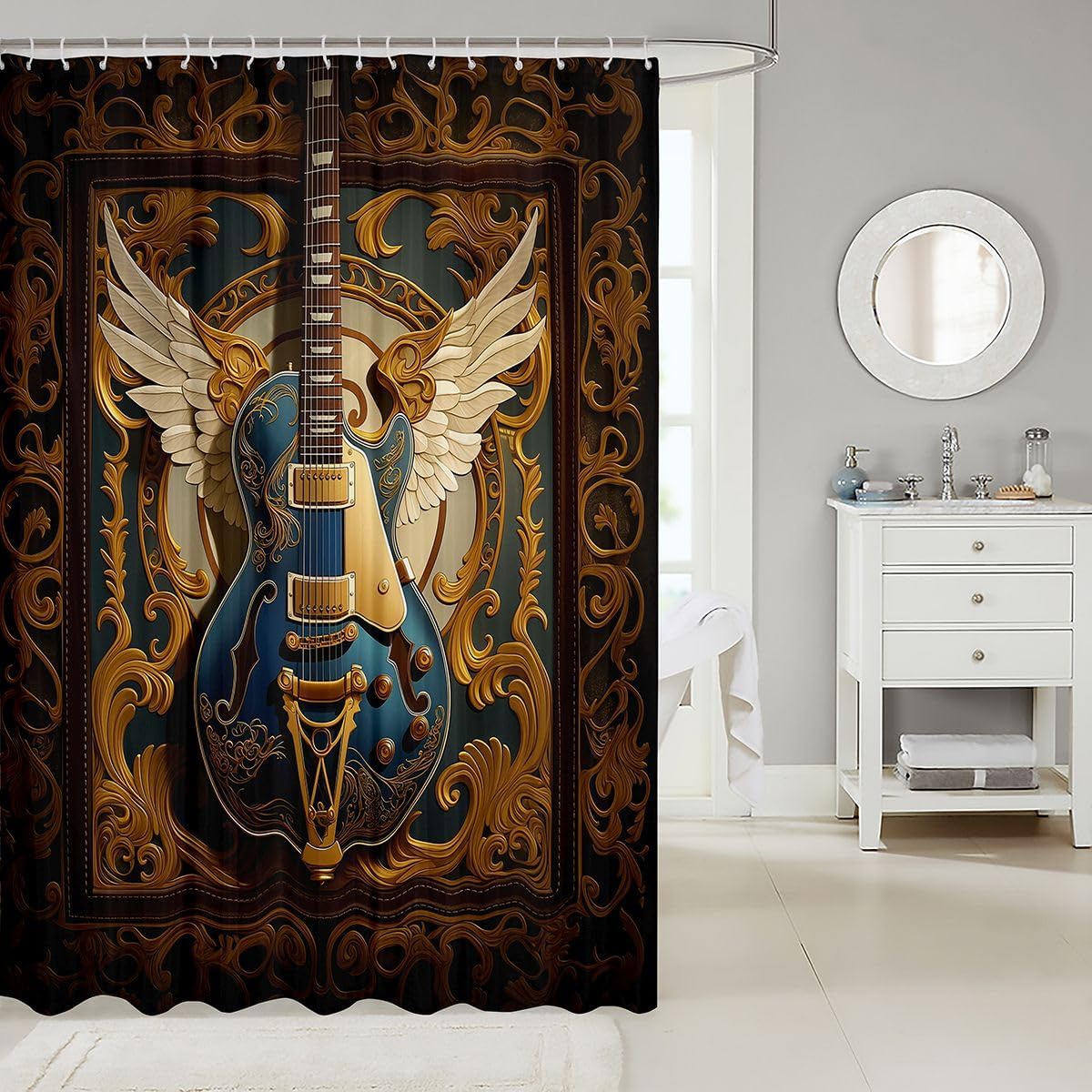 Erosebridal Guitar Bathroom Curtain for Men Adults - Retro Baroque Rock Style Shower Curtain 72" Wx78 L Luxury Angel Wings Guitar Bathroom Accessories,Rock Roll Music Aesthetic Shower Decor image 2