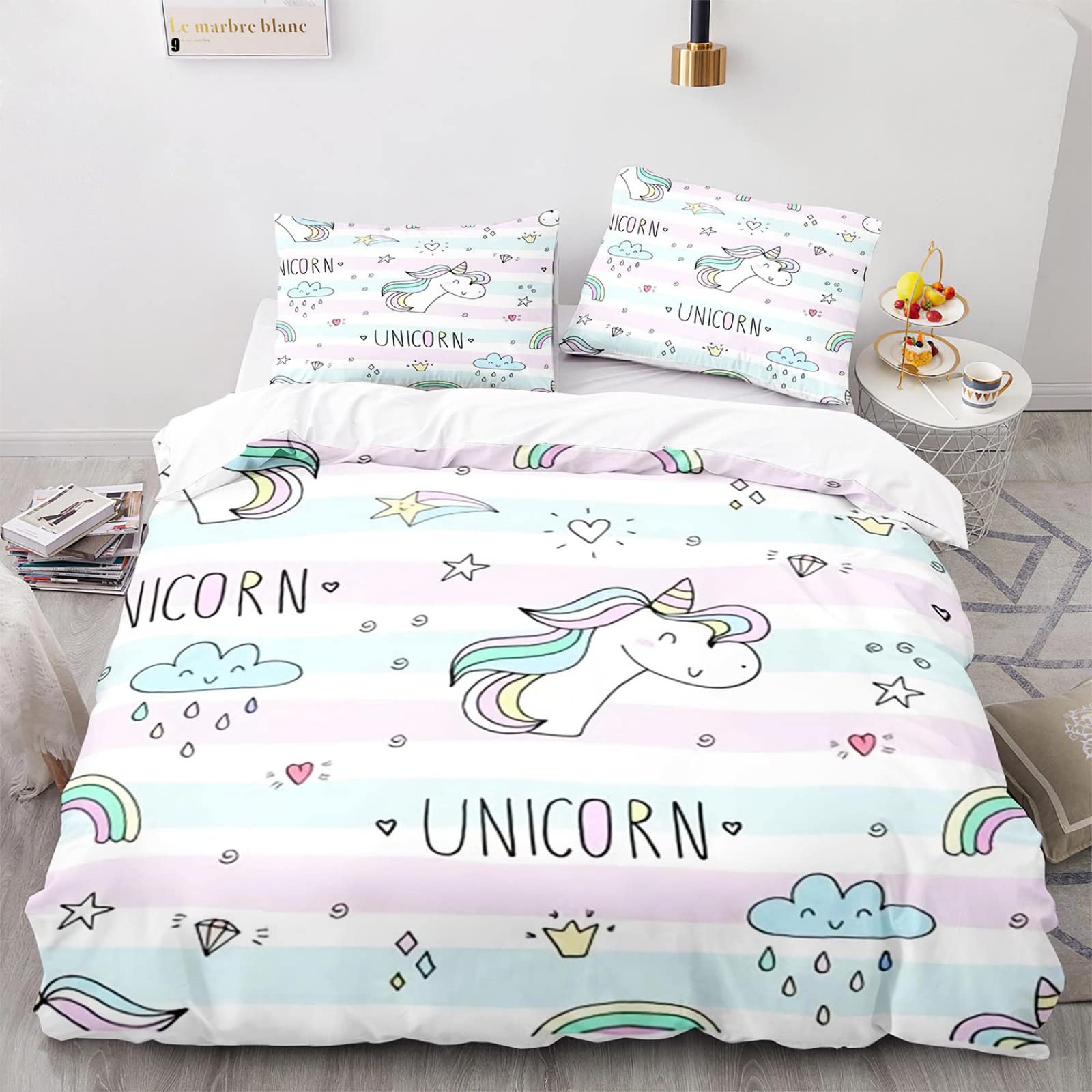 Microfibra Suave Funda Nordica Cama 90 Infantil Niño Arcoiris Unicornio Funda Nórdica 200X135 135X200 Cm Ropas De Cama con 2 Fundas De Almohada De 40X75Cm Impresión 3D