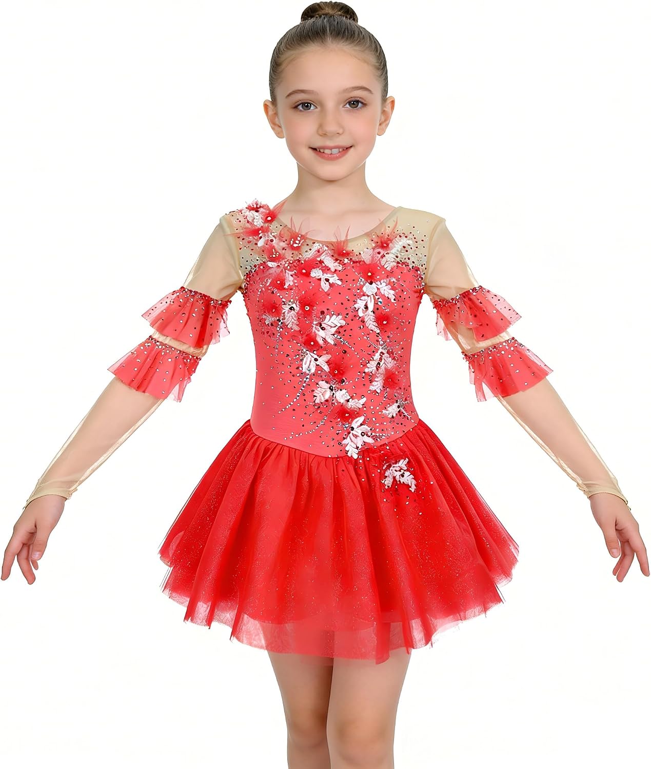 Girls' Coral Red Figure Skating Dress with 3D Floral Appliques, Ruffled Sheer Mesh Long Sleeve Competition Costume