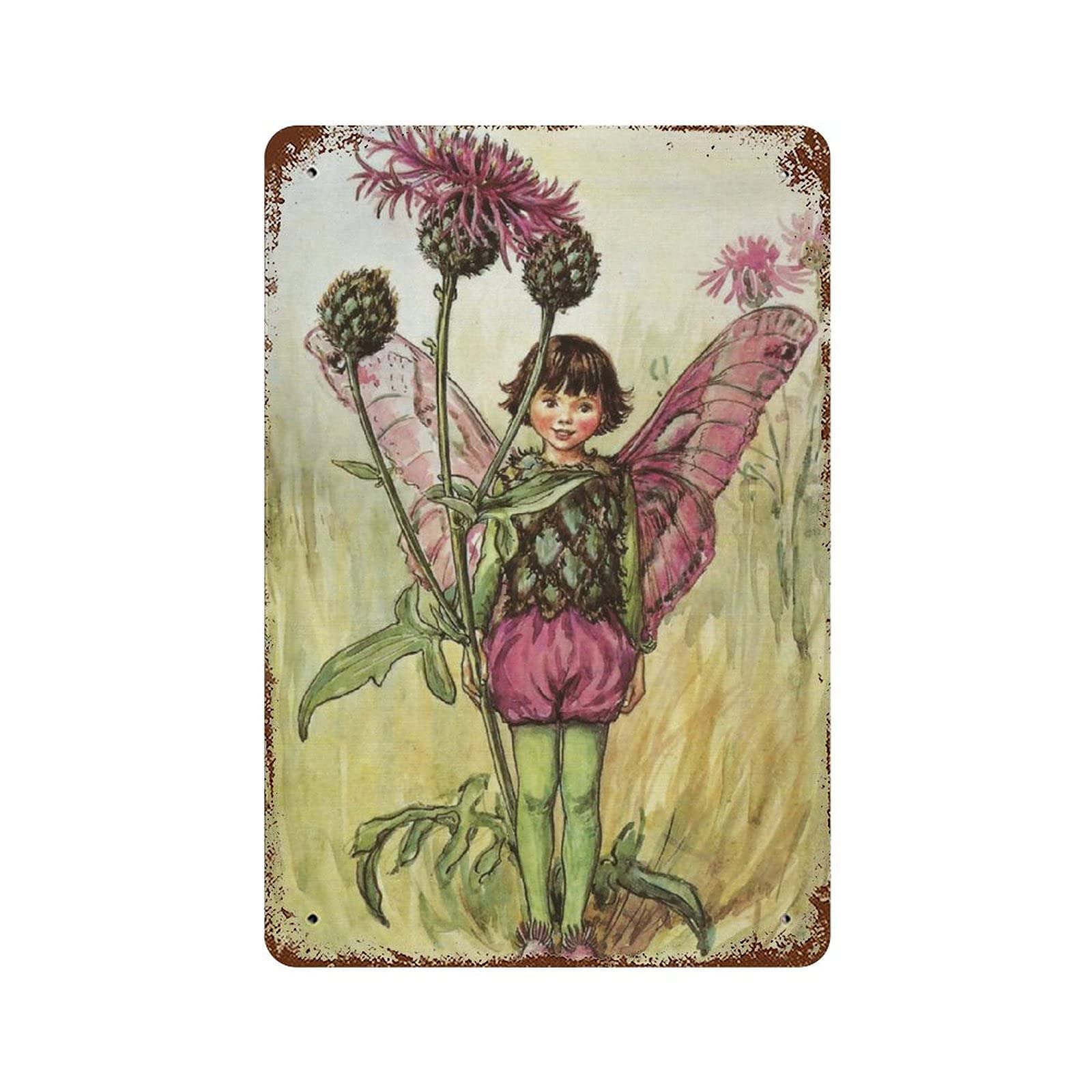 Aoevc Retro Metal Aluminium Tin Sign Greater Knapweed Fairy Flower Fairies Vintage Wall Art Nursery Decor Fairy Print Home Decor Rustic Wall Decor For Living Room,kitchen,farm Decoration 6x8 Inch